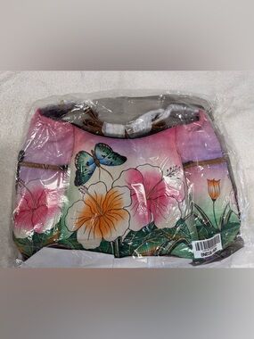 Anuschka Pink Green Floral Handpainted Leather Shoulder Bag